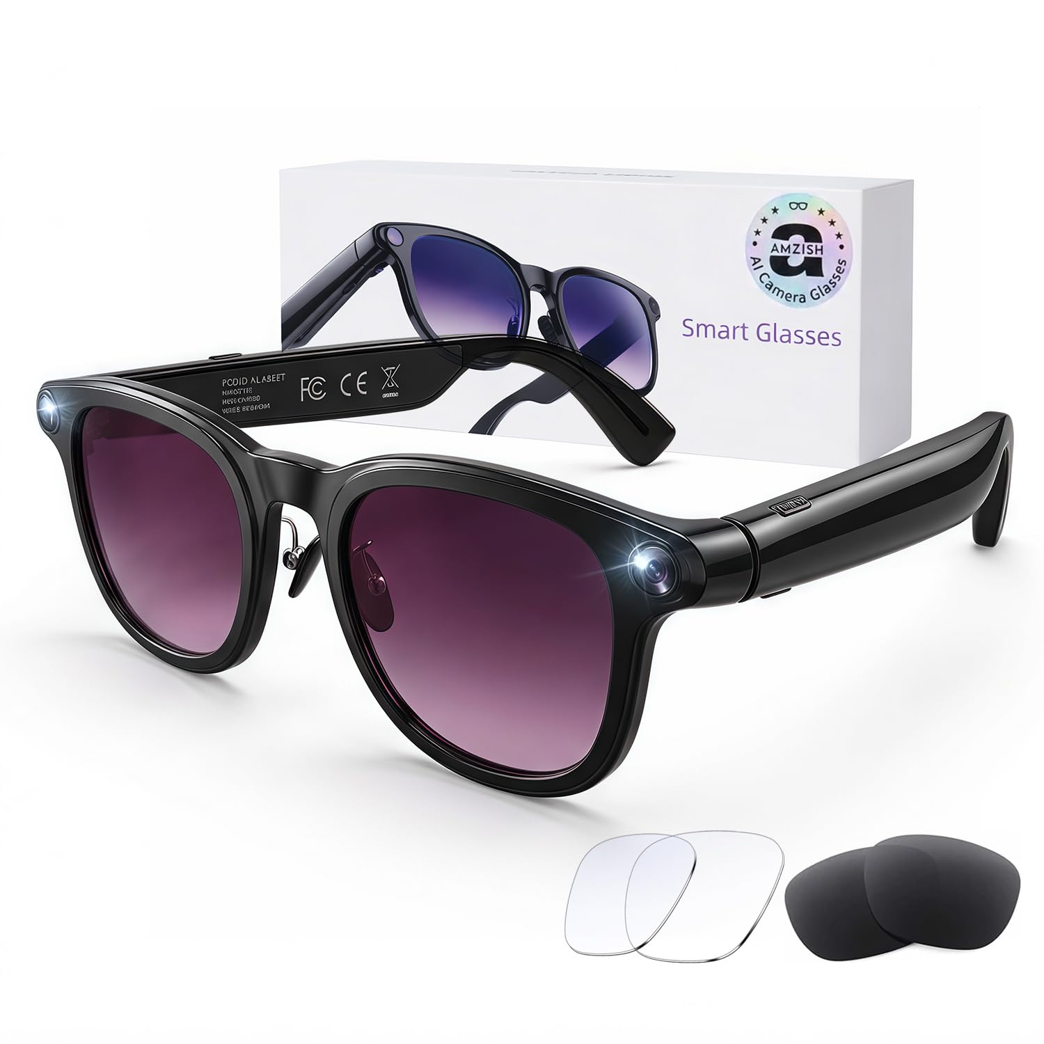 AMZISH AI Smart Glasses with Camera, 1080P Video Recording, Real Time Translation and Open-Ear Audio