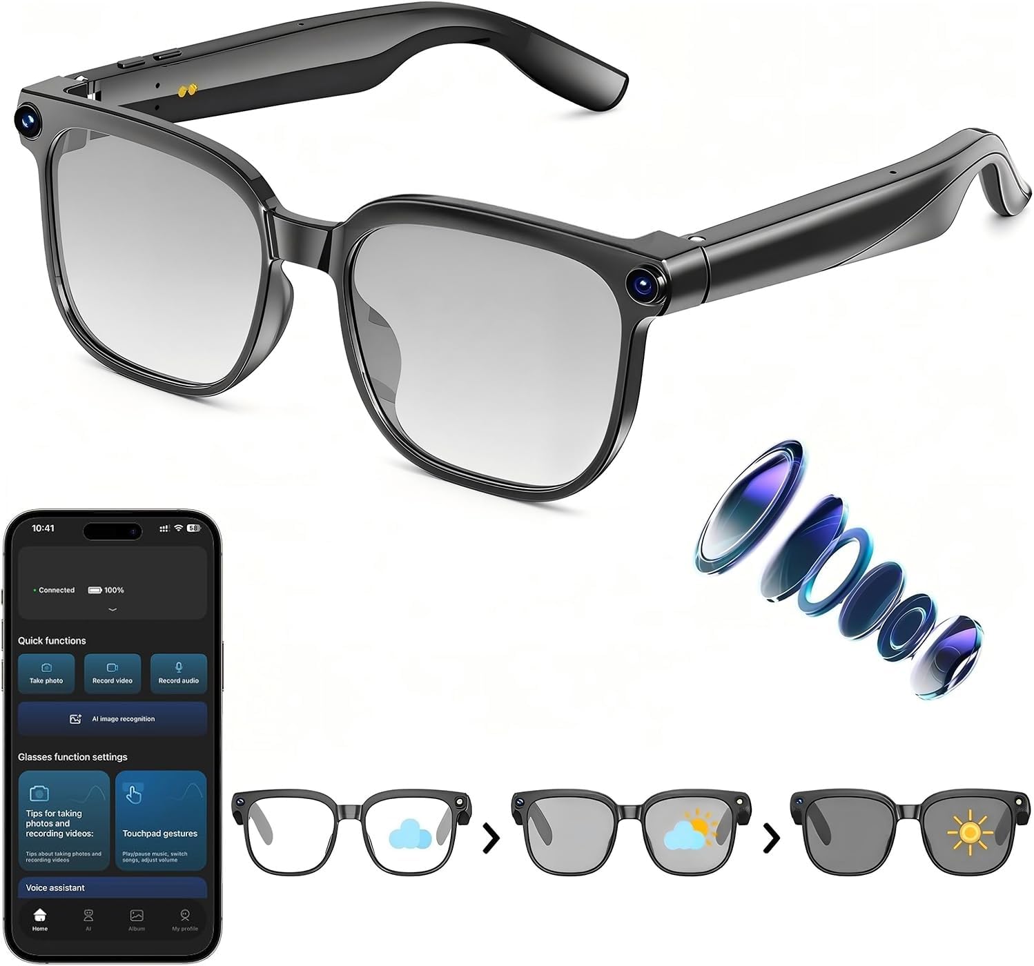 AI Smart Glasses with Camera, 1080P Video, Translation & Voice Assistant
